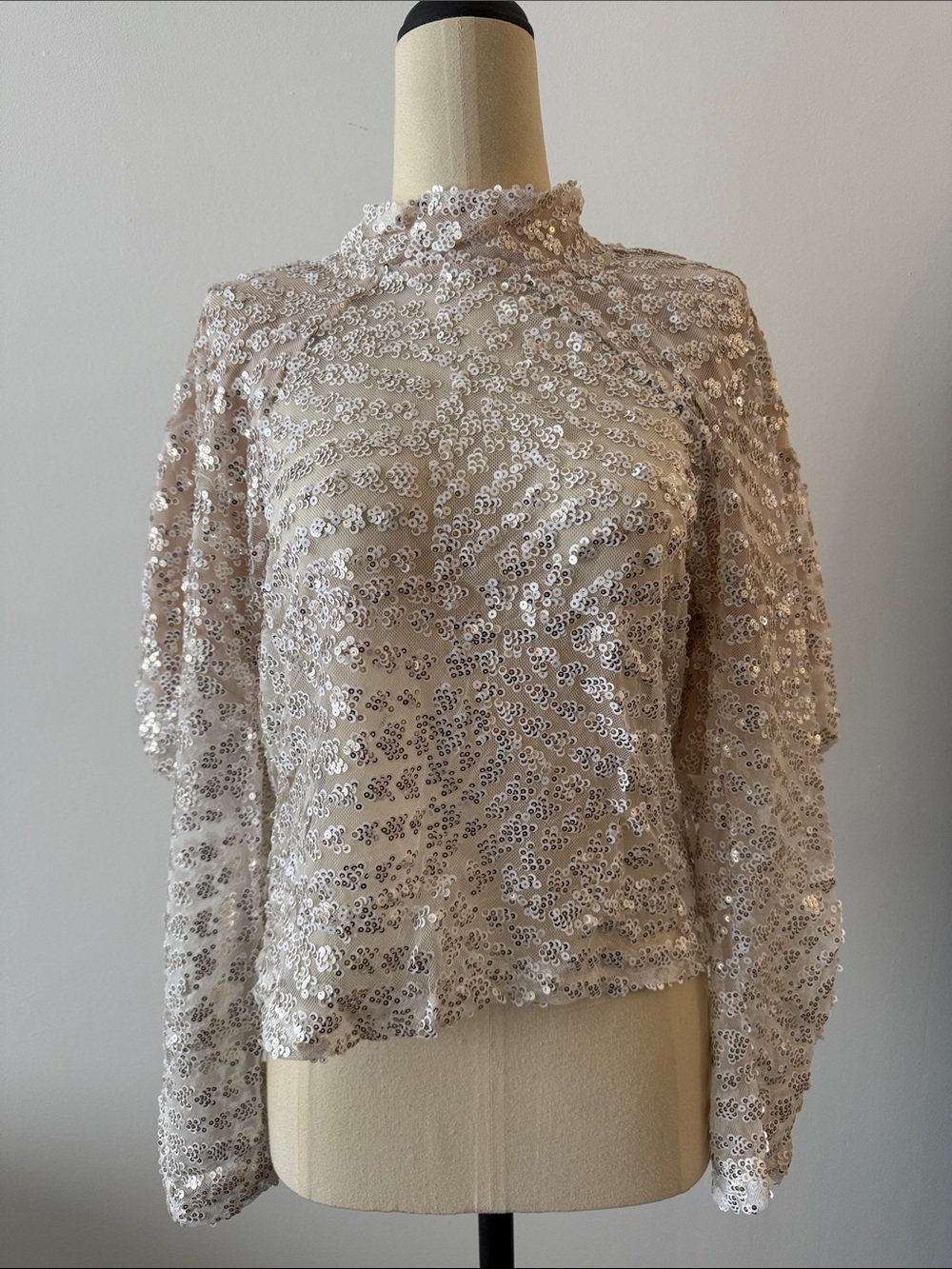 Beige Sequin Long-Sleeve Mock Neck Top